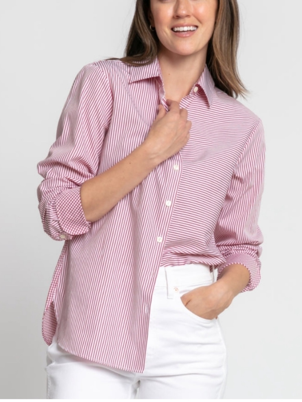 Hinson Wu Margot Mixed Stripe Check Button Up Blouse Shirt Size 10 Red White Top